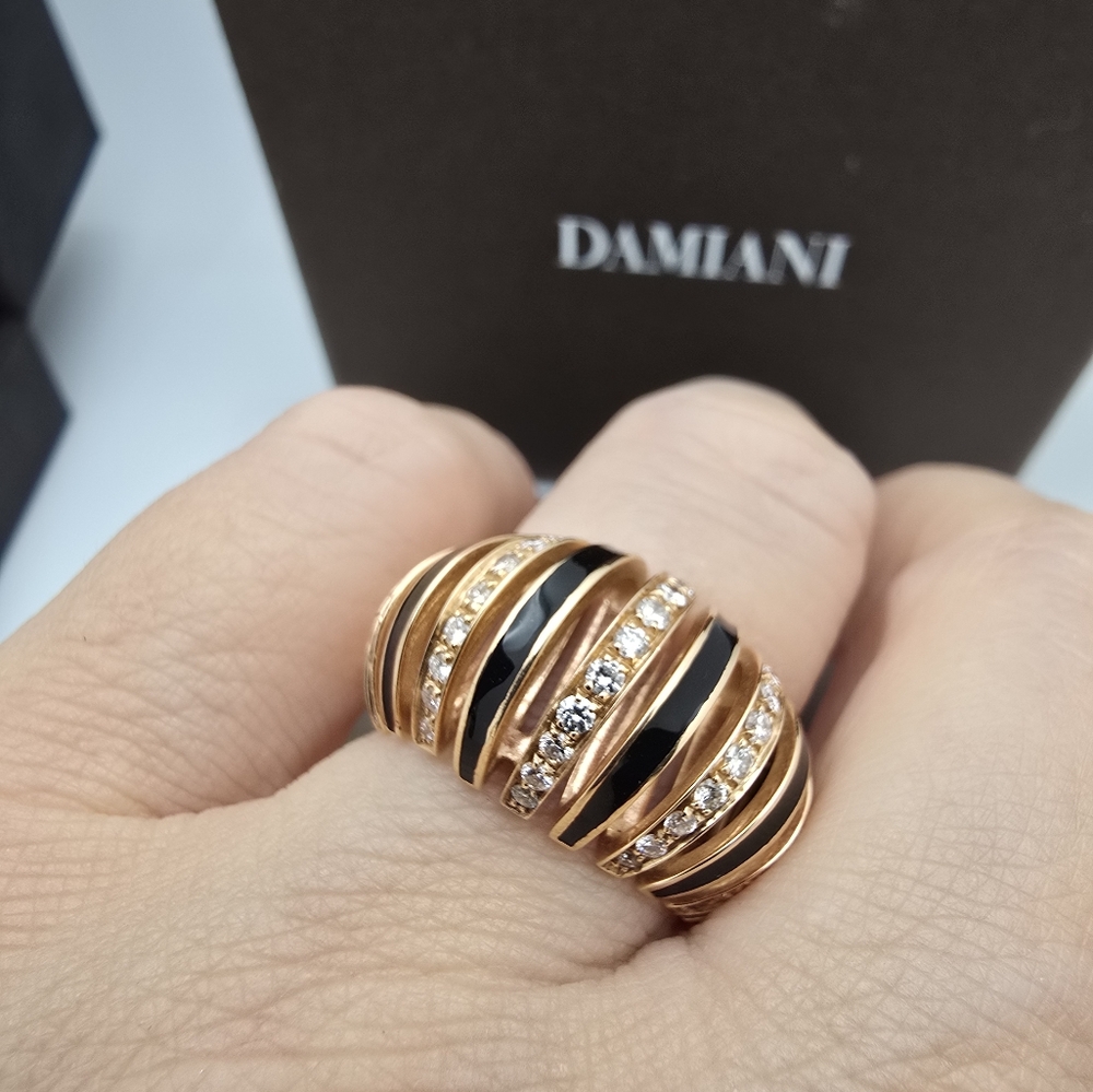 Rare Made in Italy Damiani 18K Rose gold Diamond Onyx Dome Ring Sz 6,5/7